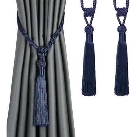 Lot de 2 embrasses de rideaux à longs pompons, faites à la main, en corde tressée, style européen, décoratives (bleu foncé)