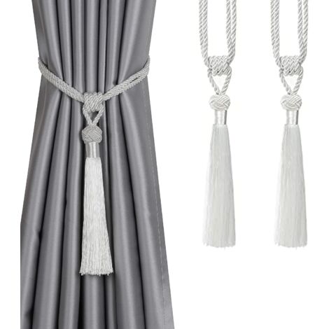 Lot de 2 embrasses de rideaux à longs pompons, faites à la main, en corde tressée, style européen, décoratives, pour la maison et le bureau (blanc)