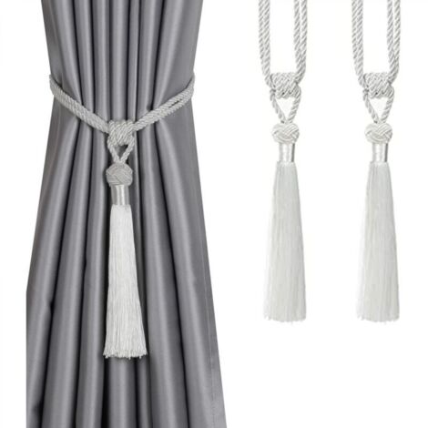 Lot de 2 embrasses de rideaux à longs pompons, faites à la main, en corde tressée, style européen, décoratives, pour la maison et le bureau (blanc)