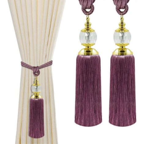 Lot de 2 embrasses de rideaux à pompons en forme de boule de cristal pour supports de rideaux, pompons décoratifs violets