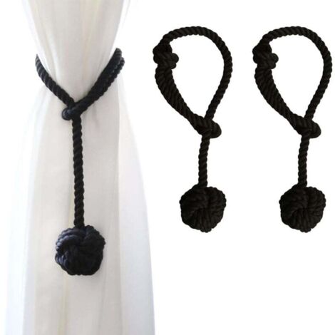 Lot de 2 embrasses de Rideaux avec Grande Boule tissée en Coton tissé à la Main pour Rideaux d'extérieur (Noir, 2)