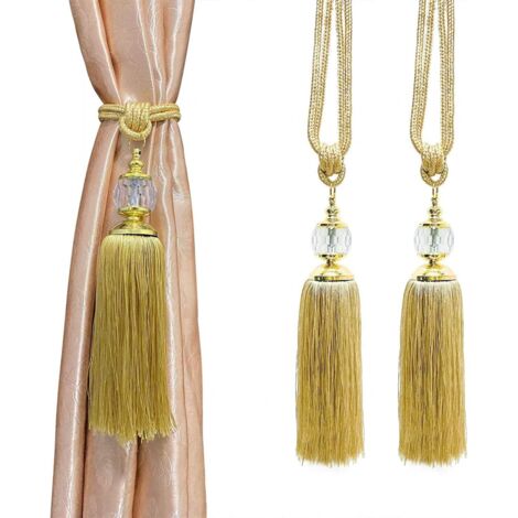 Lot de 2 embrasses de rideaux avec pompons en cristal doré - Décoration de fenêtre pour bureau, maison