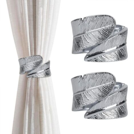 Lot de 2 embrasses de rideaux décoratives en métal avec plumes pour salon, café, maison, bureau - Argenté