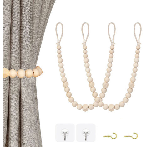 Lot de 2 embrasses de rideaux en perles de bois pour rideaux fins ou épais,pas besoin de percers pour chambre à coucher, chambre d'enfant, décoration de ferme