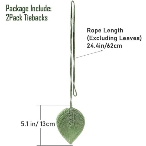 Lot de 2 embrasses de rideaux faites à la main – Corde en coton tissé, draperie de décoration de maison bohème (vert,)