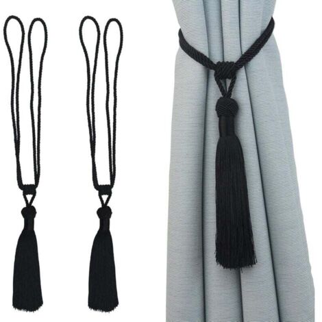 Lot de 2 embrasses de Rideaux Faites à la Main en Corde avec Pompons pour décoration de Bureau Maison (Noir, 2)