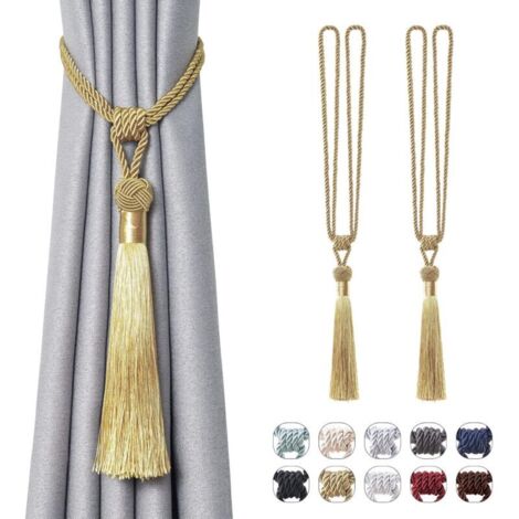 Lot de 2 embrasses de rideaux longues à pompons faites à la main en corde tressée avec nœuds de style européen pour décoration de fenêtre de maison et de bureau (doré)