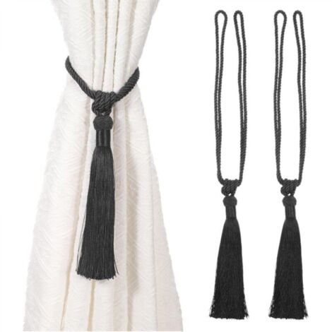 Lot de 2 embrasses de rideaux longues à pompons faites à la main en corde tressée avec nœuds de style européen pour décoration de fenêtre (Noir)