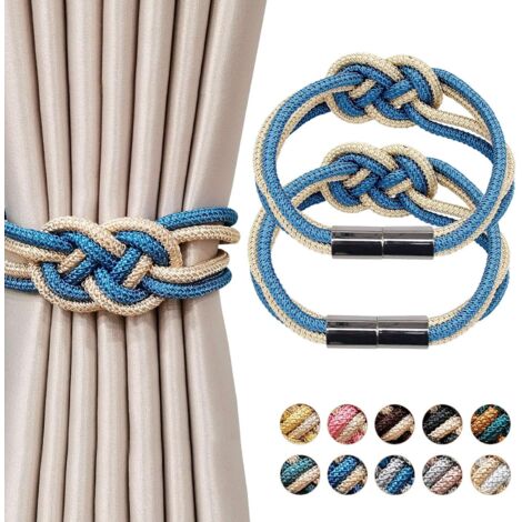 Lot de 2 embrasses de Rideaux magnétiques de Style Nordique embrasses décoratives en Corde tissée pour Rideaux de fenêtre de Maison et de Bureau (Bleu et Beige)