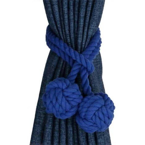 Lot de 2 embrasses de rideaux tressées à la main avec pompon double en corde de coton - Bleu