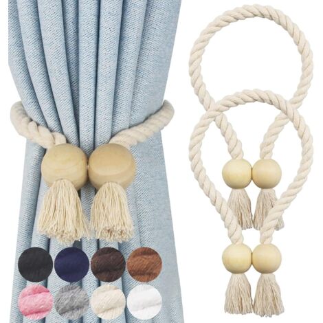 Lot de 2 Embrasses Magnétiques Tissées Main Coton 40 cm Sans Perçage Rétractables pour Rideaux Voilage Décoration Beige