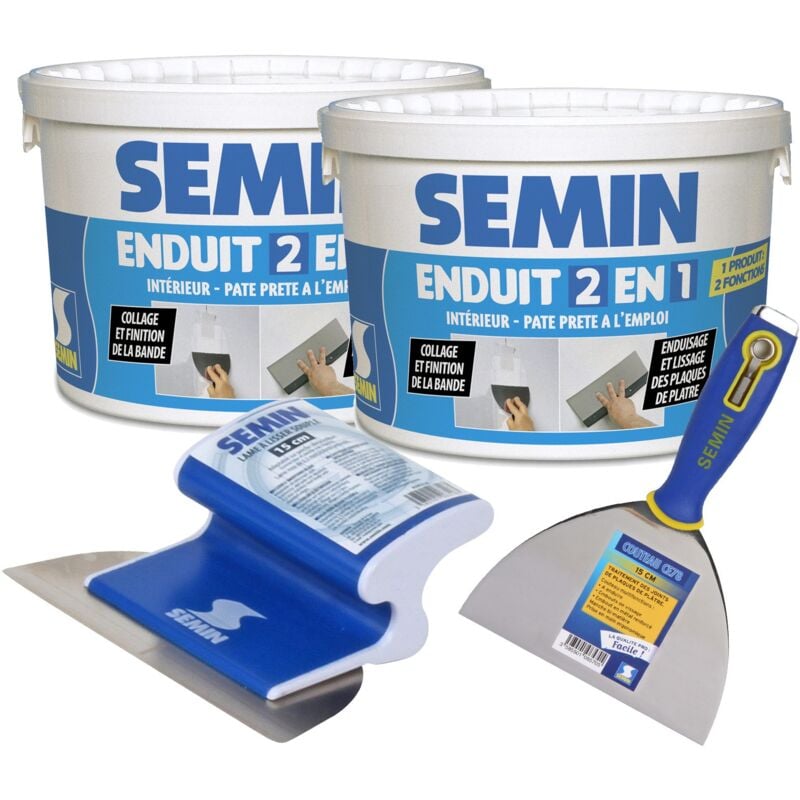 Lot de 2 enduits 2 en 1 Multifonctions Semin joint et lissage plaque de pâtre - seau de 7 kg, un couteau à enduire - 15 cm et une lame ce 78 pour
