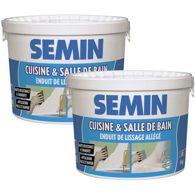 Lot de 2 enduits de lissage cuisine et salle de bain Semin adapté aux pièces humides - seau de 5 kg