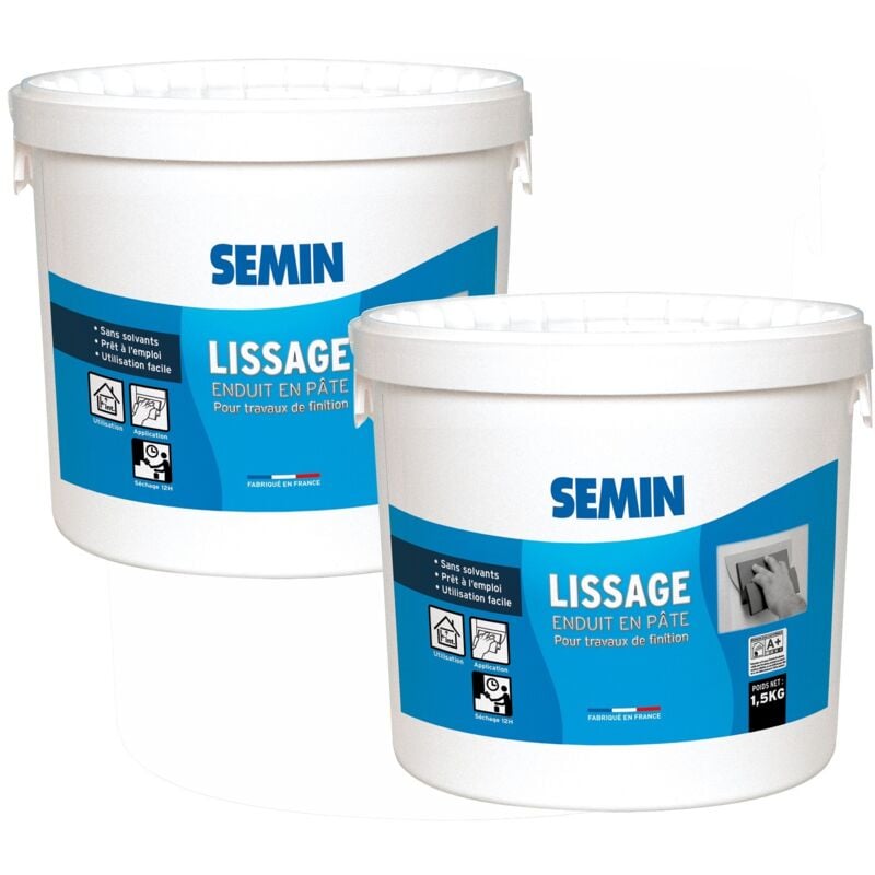 Lot de 2 enduits de lissage en pâte pour murs et plafonds Semin intérieur - Seau de 1,5 kg