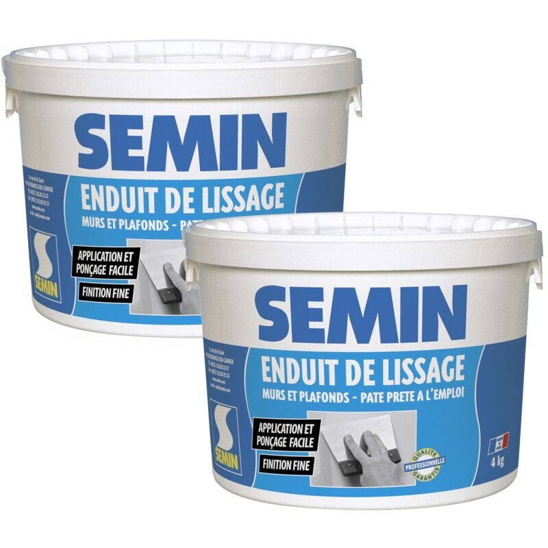 Semin - Lot de 2 enduits de lissage en pâte pour murs et plafonds intérieur - Seau de 4 kg