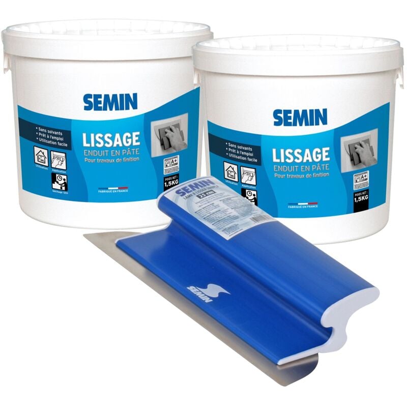Lot de 2 enduits de lissage en pâte Semin pour murs et plafonds - intérieur - seau de 1,5 kg et une lame ce 78 pour enduire et lisser - 25 cm