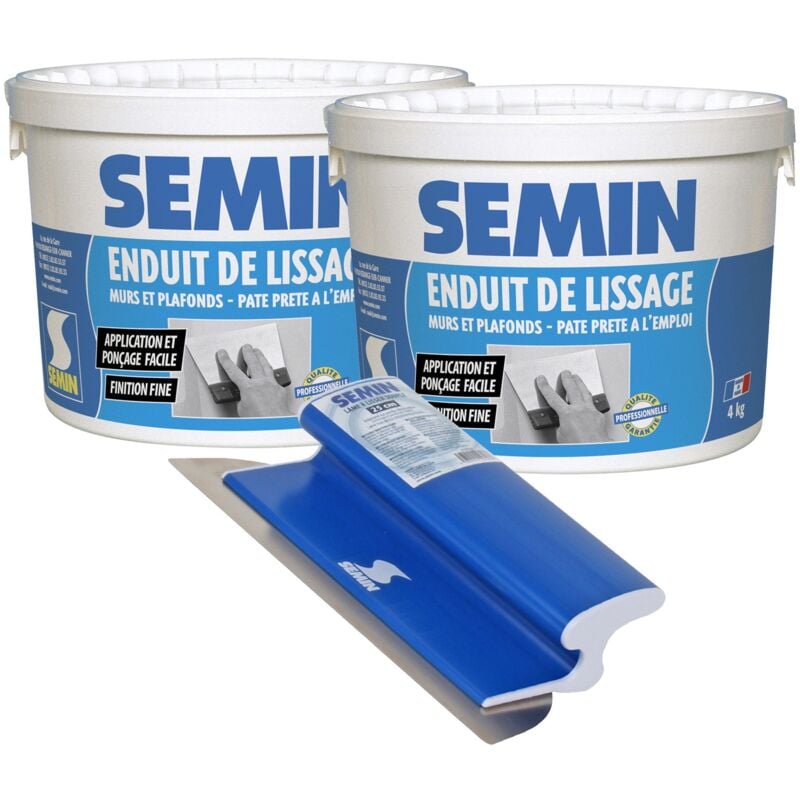 Lot de 2 enduits de lissage en pâte Semin pour murs et plafonds - intérieur - seau de 4 kg et une lame ce 78 pour enduire et lisser - 25 cm