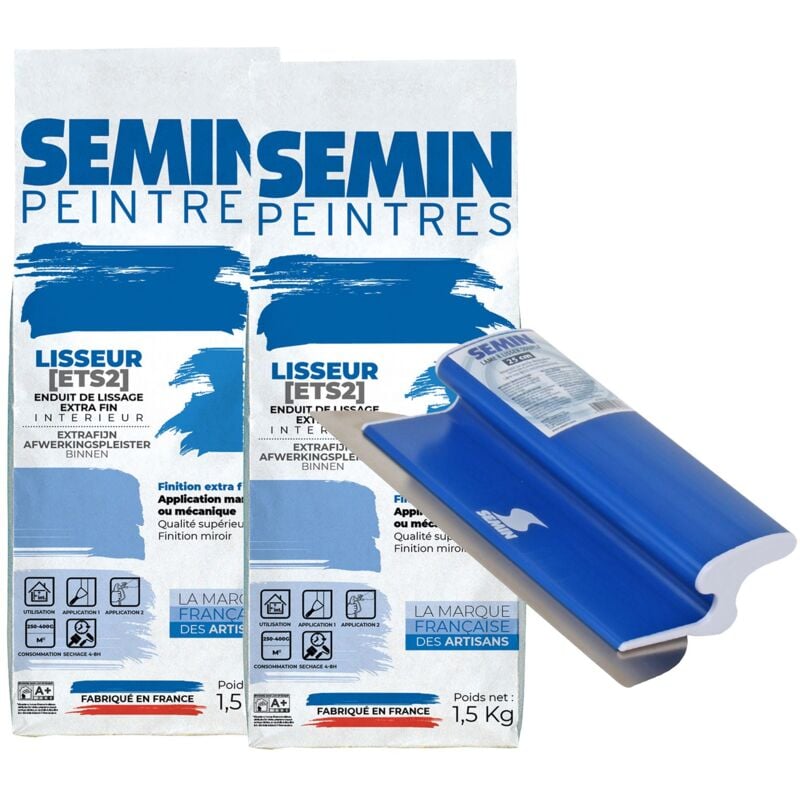 Lot de 2 enduits de lissage extra fin en poudre pour finition des murs Semin Lisseur - intérieur - sac de 1,5 kg et une lame ce 78 pour enduire et