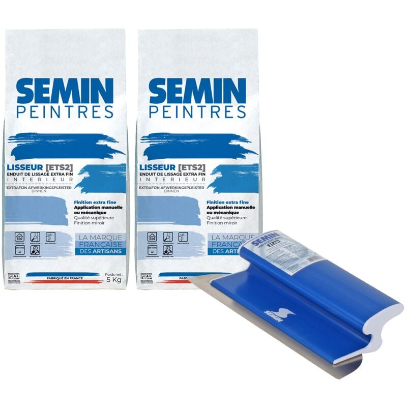 Lot de 2 enduits de lissage extra fin en poudre pour finition des murs Semin Lisseur - intérieur - sac de 5 kg et une lame ce 78 pour enduire et
