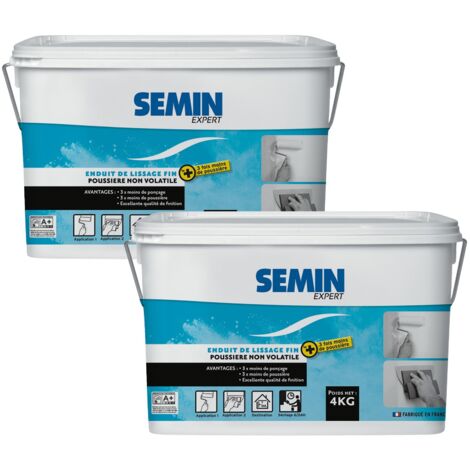 Lot de 2 enduits de lissage poussière maîtrisée pour finition des murs Semin - 3 fois moins de ponçage pour 3 fois moins de poussière - intérieur - seau de 4 kg