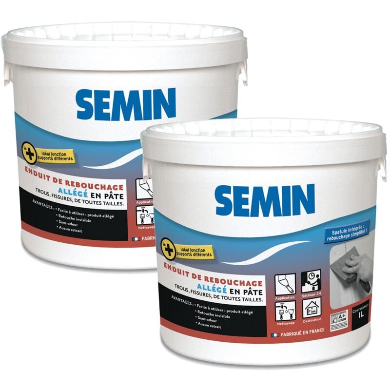 Semin - Lot de 2 enduits de rebouchage allégé pour trous et fissures importants Sem-Light intérieur - pot de 1 l