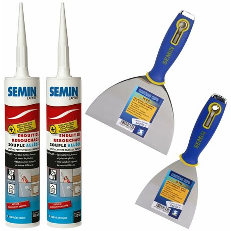 Lot de 2 enduits de rebouchage allégé Semin pour trous et fissures importants - intérieur - cartouche de 310 ml, un couteau à enduire CE 78 - 10 cm et un couteau à enduire multifonctions - 15 cm