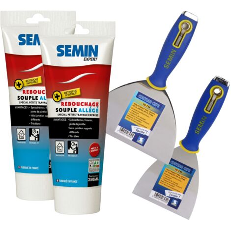Lot de 2 enduits de rebouchage allégé Semin pour trous et fissures importants - Intérieur - tube de 250 ml, un couteau à enduire Multifonctions - 10 cm et un couteau à Enduire - 15 cm