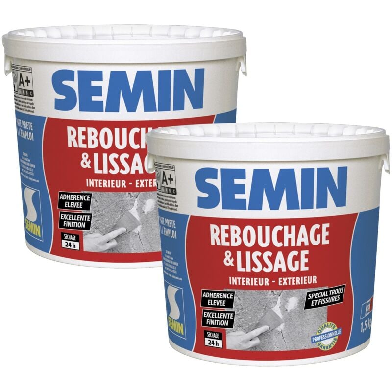 Semin - Lot de 2 enduits de rebouchage en pâte spécial fissures et trous de vis intérieur/extérieur - seau de 1,5 kg