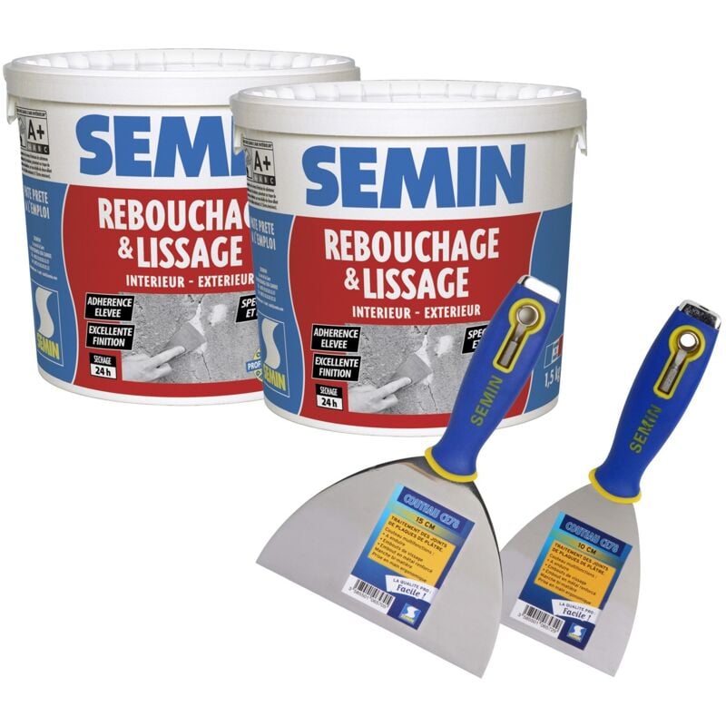 Lot de 2 enduits de rebouchage en pâte spécial fissures et trous de vis Semin intérieur/extérieur - Seau de 1,5 kg, un couteau à enduire - 10 cm et