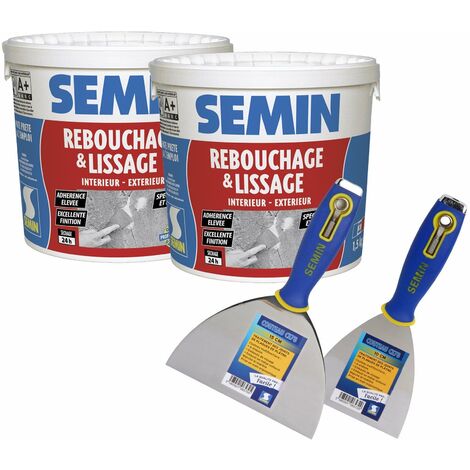 Lot de 2 enduits de rebouchage en pâte spécial fissures et trous de vis Semin - intérieur/extérieur - Seau de 1,5 kg, un couteau à enduire - 10 cm et un couteau à enduire multifonctions - 15 cm
