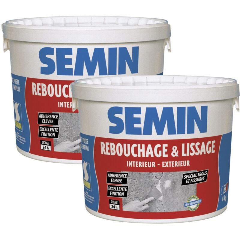 Lot de 2 enduits de rebouchage en pâte spécial fissures et trous de vis Semin intérieur/extérieur - seau de 4 kg