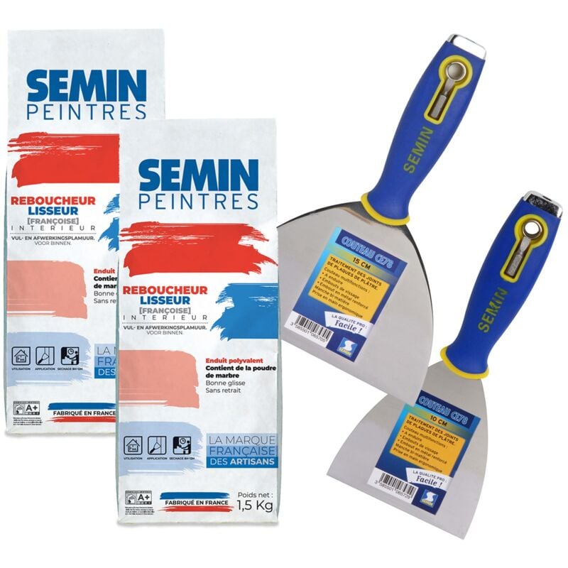 Lot de 2 enduits de rebouchage et lissage en poudre Reboucheur Semin intérieur - Sac de 1,5 kg, un couteau à enduire multifonctions ce 78 - 10 cm et