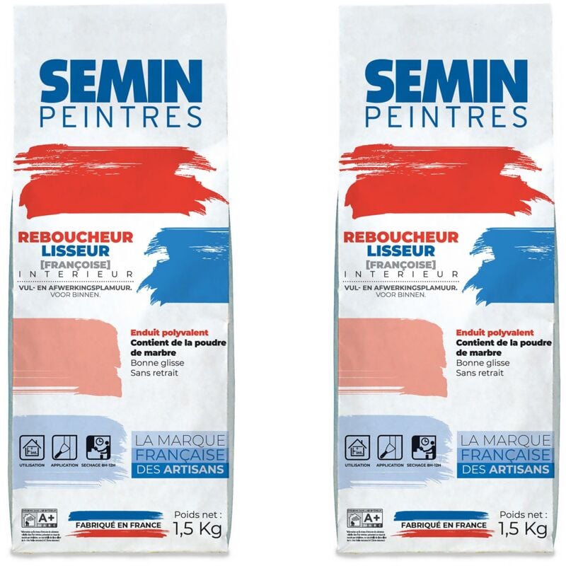 Lot de 2 enduits de rebouchage et lissage en poudre Reboucheur Semin séchage rapide - intérieur - sac de 1,5 kg