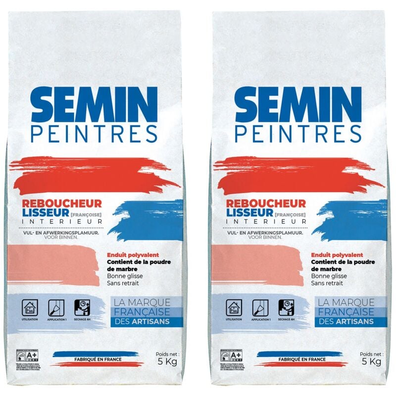Lot de 2 enduits de rebouchage et lissage en poudre Reboucheur Semin séchage rapide - intérieur - sac de 5 kg