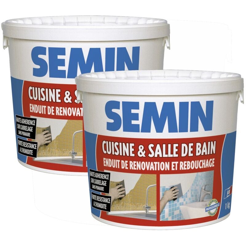 Lot de 2 enduits de rebouchage et rénovation spécial cuisine et salle de bain Semin - adapté aux pièces humides - seau de 1 kg