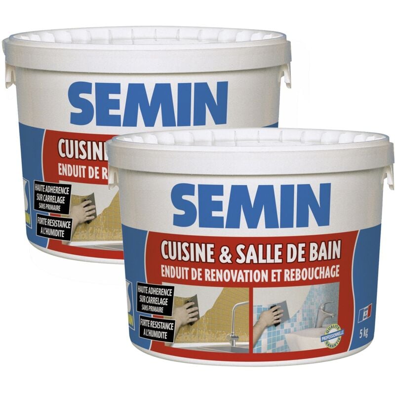 Lot de 2 enduits de rebouchage et rénovation spécial cuisine et salle de bain Semin adapté aux pièces humides - seau de 5 kg