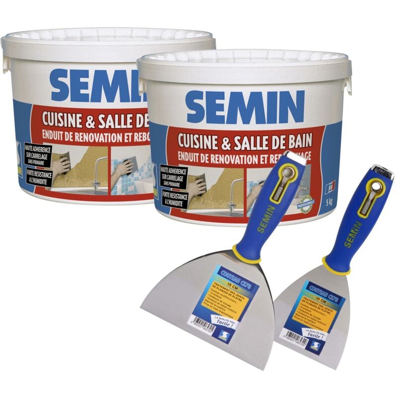 Enduit de rebouchage et rénovation spécial cuisine et salle de bain Semin Lot de 2 seau de 5 kg, un couteau à enduire ce 78 - 10 cm et un couteau à