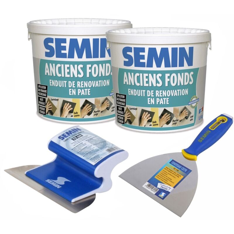 Lot de 2 enduits de rénovation pour les supports irréguliers Anciens Fonds Semin intérieur/extérieur - seau de 1,5 kg, un couteau à enduire - 15 cm