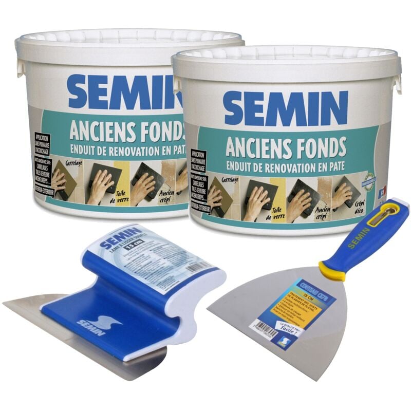 Lot de 2 enduits de rénovation pour les supports irréguliers Anciens Fonds Semin - intérieur/extérieur - seau de 5 kg, un couteau à enduire - 15 cm