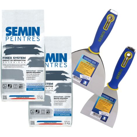 Lot de 2 enduits de réparation, rebouchage et lissage Reboucheur extérieur Semin - très forte adhérence - Sac de 5 kg, un couteau à enduire - 10 cm et un couteau à enduire - 15 cm
