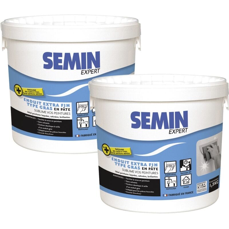 Semin - Lot de 2 enduits extra fin lissage type gras, sans solvants - séchage rapide - intérieur/extérieur - seau de 1,5 kg