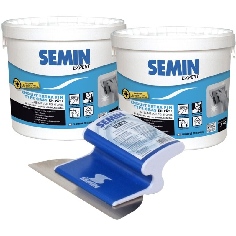 Lot de 2 enduits extra fin Semin lissage type gras, sans solvants, séchage rapide - intérieur/extérieur - seau de 1,5 kg et une lame ce 78 pour