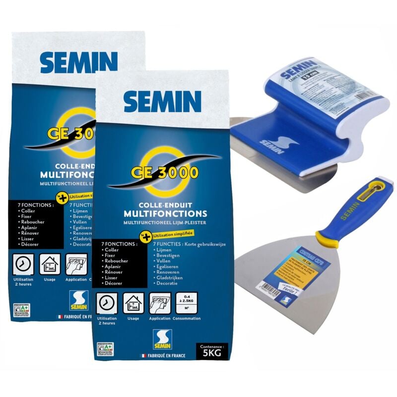 Lot de 2 enduits multifonctions ce 3000 Semin pour coller, fixer, reboucher, aplanir et lisser - intérieur - sac de 5 kg, un couteau à anduire - 15