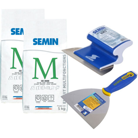 Lot de 2 enduits multifonctions CE 3000 Semin pour coller, fixer, reboucher, aplanir et lisser - intérieur - sac de 5 kg, un couteau à anduire - 15 cm et lame pour enduire et lisser - 15 cm
