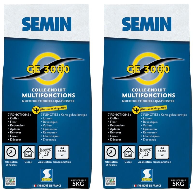 Lot de 2 enduits multifonctions ce 3000 Semin pour coller, fixer, reboucher, aplanir, lisser et décorer - intérieur - sac de 5 kg