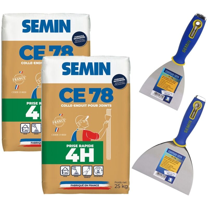 Lot de 2 enduits pour réaliser les joints de plaques de pâtre ce 78 Rapide Semin intérieur - sac de 25 kg, un couteau à enduire multifonctions - 10
