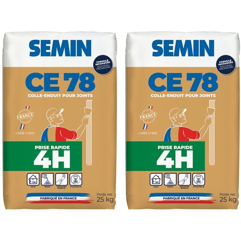Lot de 2 enduits pour réaliser les joints de plaques de pâtre ce 78 Rapide Semin temps de prise 4 heures - intérieur - sac de 25 kg