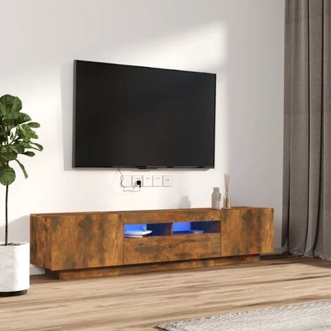Lot de 2 Ensemble de meubles TV Banc TV Meuble de Rangement avec lumières LED Chêne fumé HUIBU712466