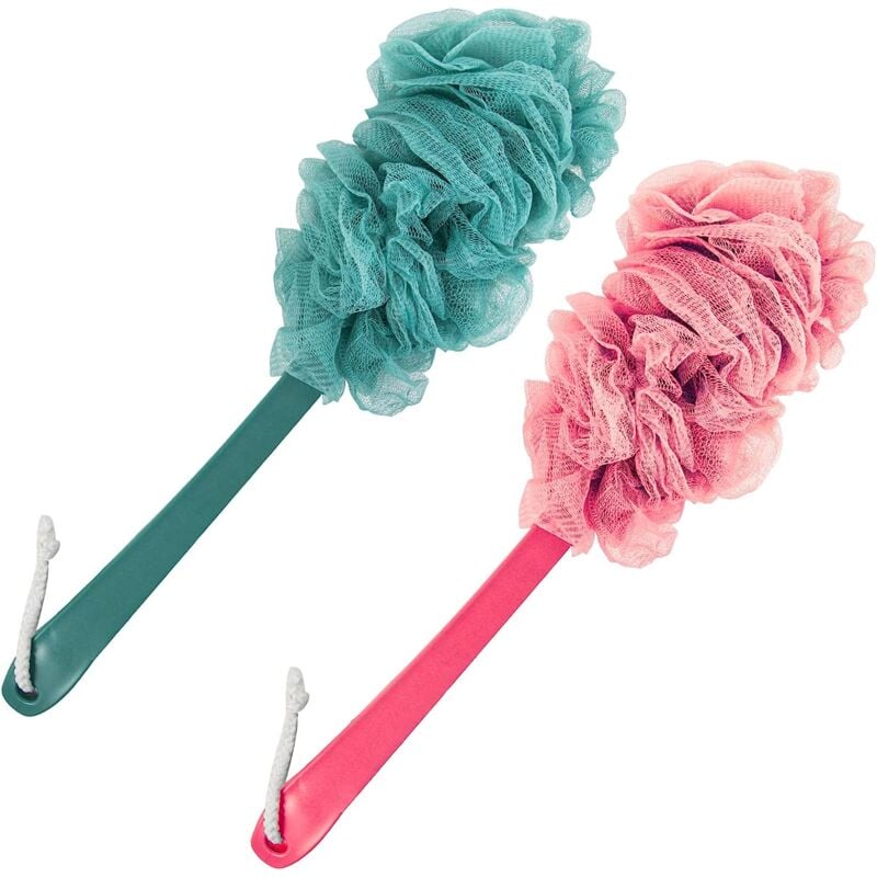 Lot de 2 épurateurs pour le dos pour la douche, brosse éponge en luffa pour l'exfoliation du corps, brosse à récurer pour la douche avec long manche,