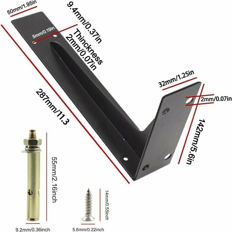 Lot de 2 Equerre Etagere 290mm, Équerre Charge Lourde, Murale Supports Étagère, Charges Lourdes Supports Equerre avec Vis, Noir 150KG/330lbs Porteur